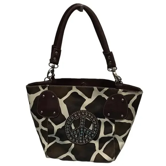 Animal Print Bedazzled Peace Sign Tote Shoulder Bag - Picture 1 of 10